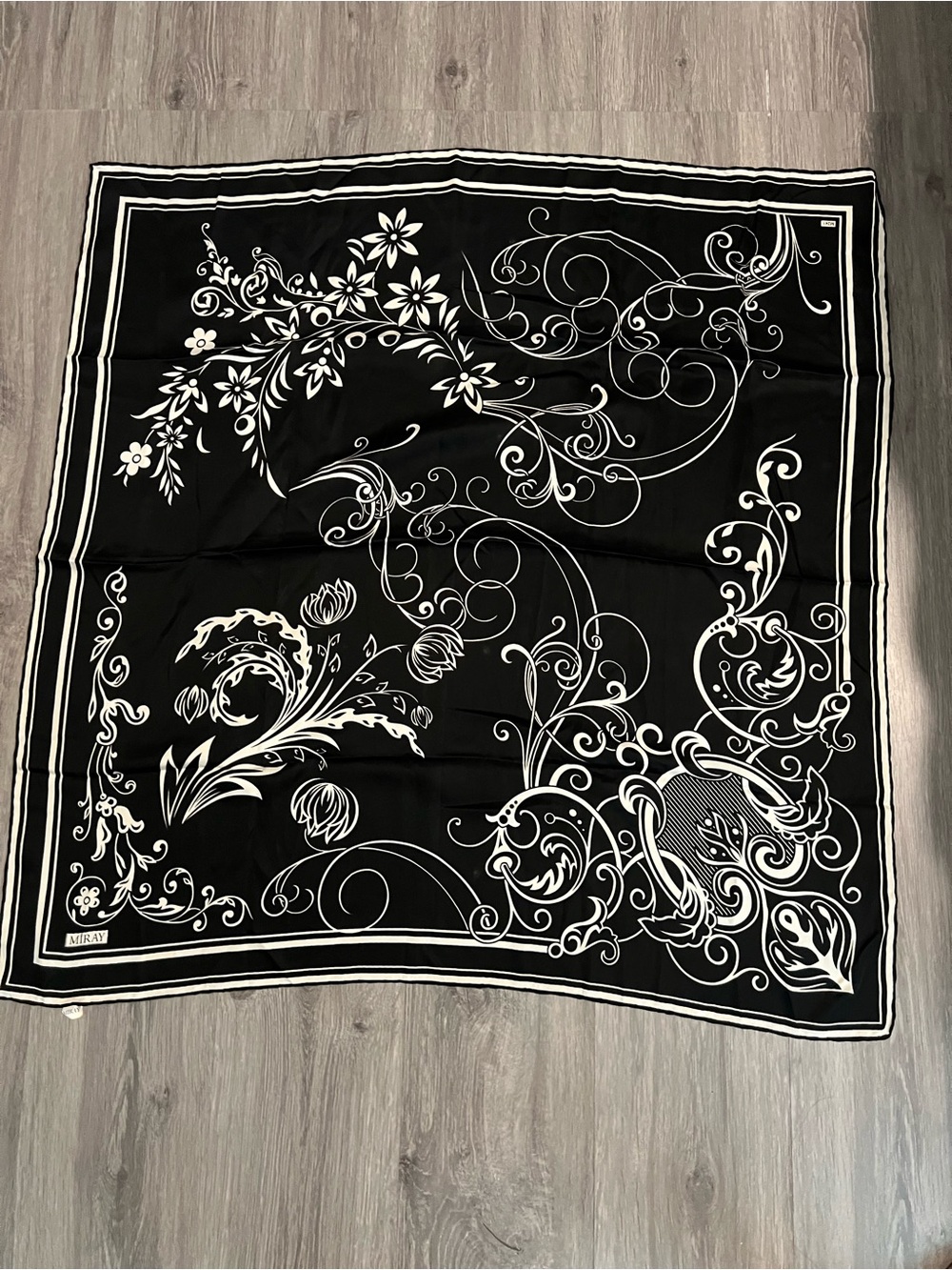 Black & White Turkish Floral Silk-Like Scarf
